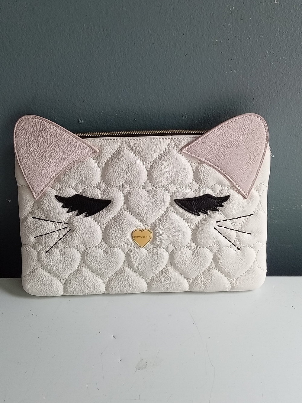 Betsey‎ Johnson Quilted Heart Cat Face Clutch Bag Pink White Pouch
